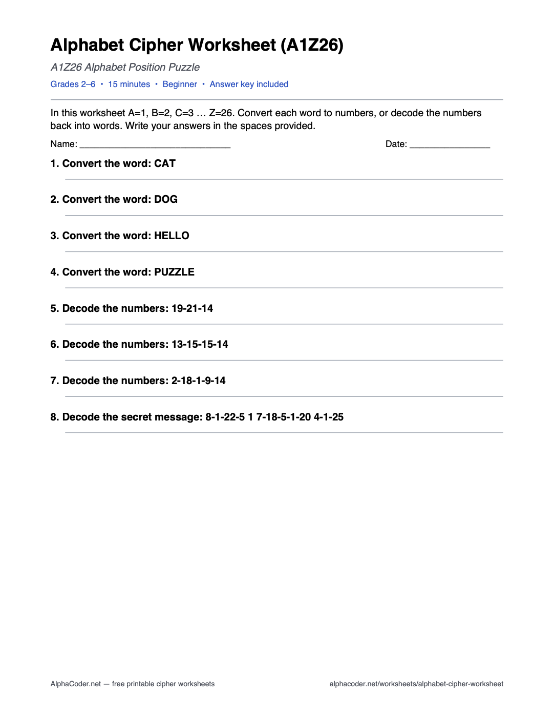 Alphabet Cipher (A1Z26) printable worksheet preview
