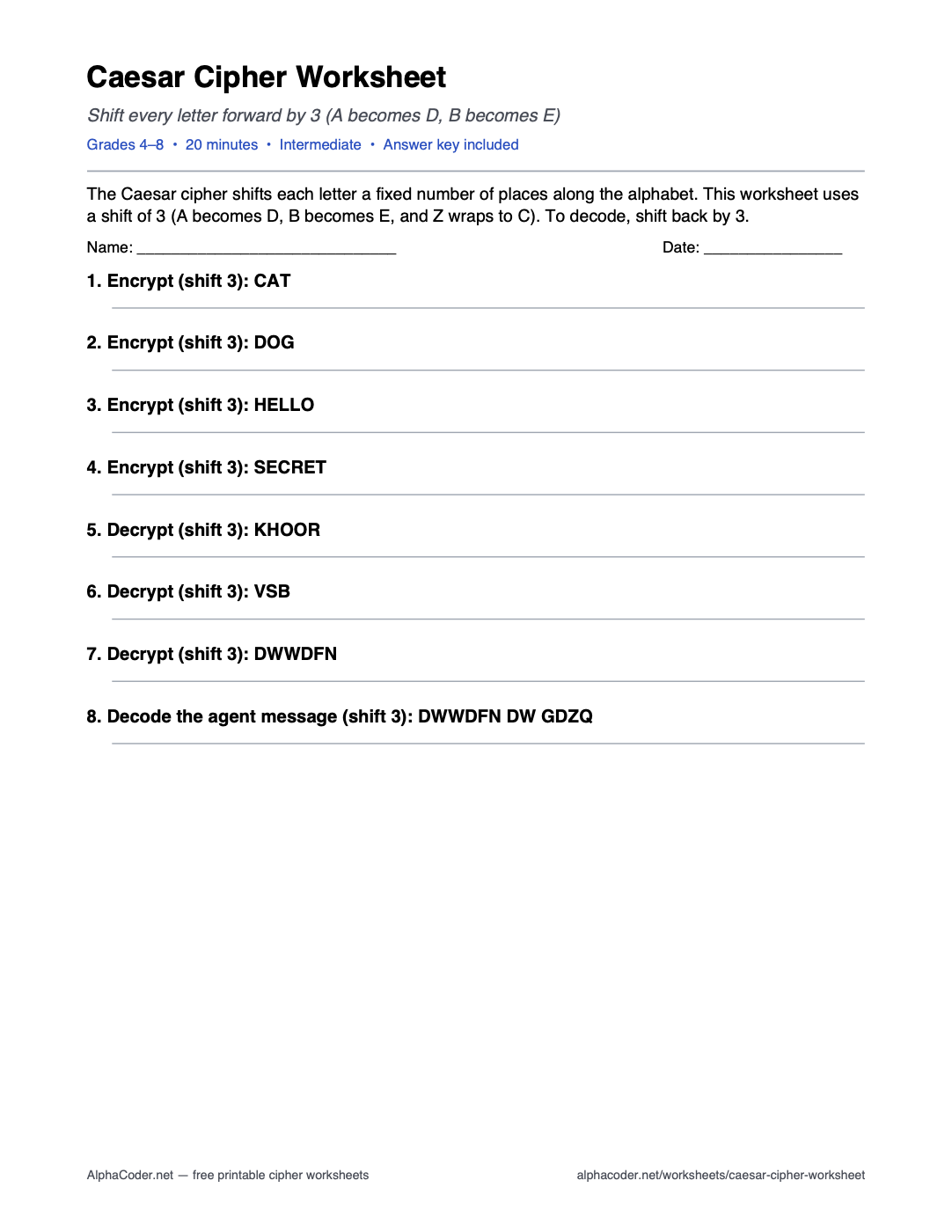 Preview of the actual Caesar cipher worksheet: shift of three and eight exercises