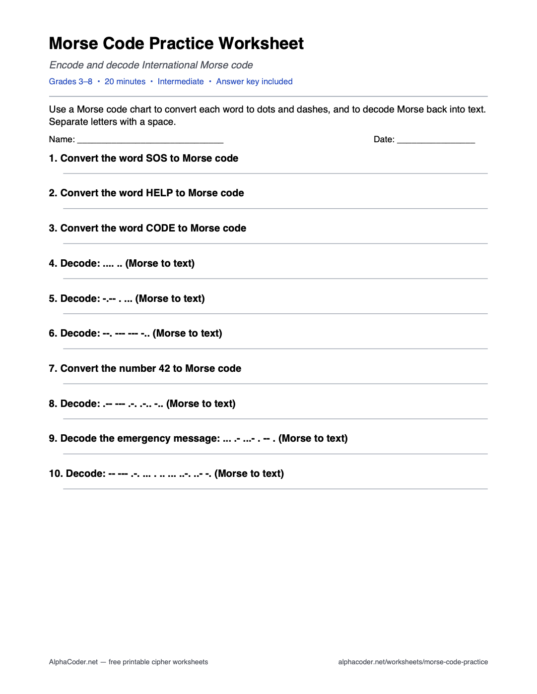 Morse Code Practice printable worksheet preview