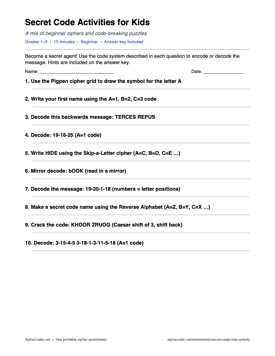 Secret Code Activities for Kids printable worksheet preview